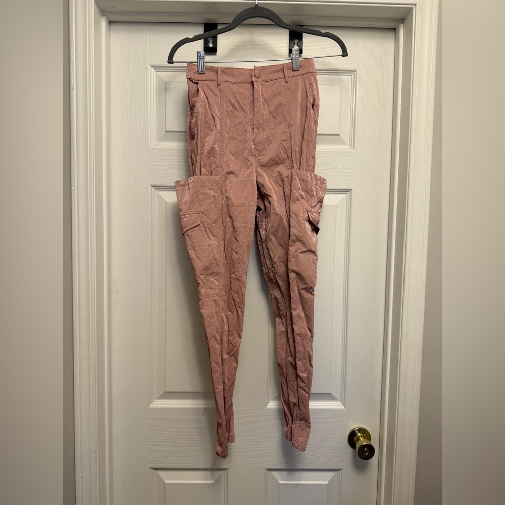 h:ours Wet Leather Pants Blush Pink Cargo Pockets Shiny Revolve Blogger XS $178